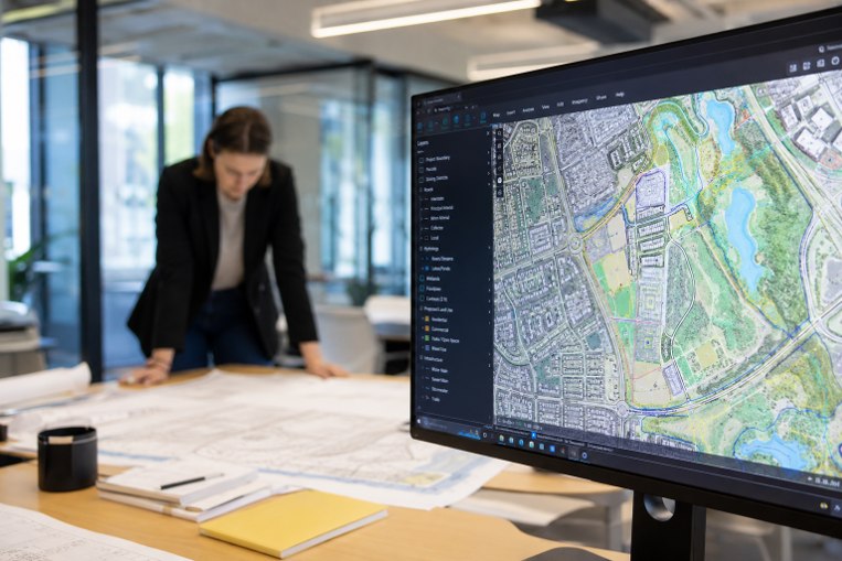 Consultant reviewing site layouts against a GIS model